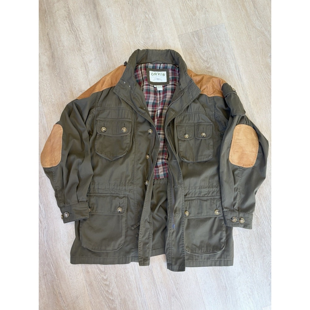 VTG Orvis Men's XL Canvas Field Coat Green Hunting Barn Chore Jacket Leather